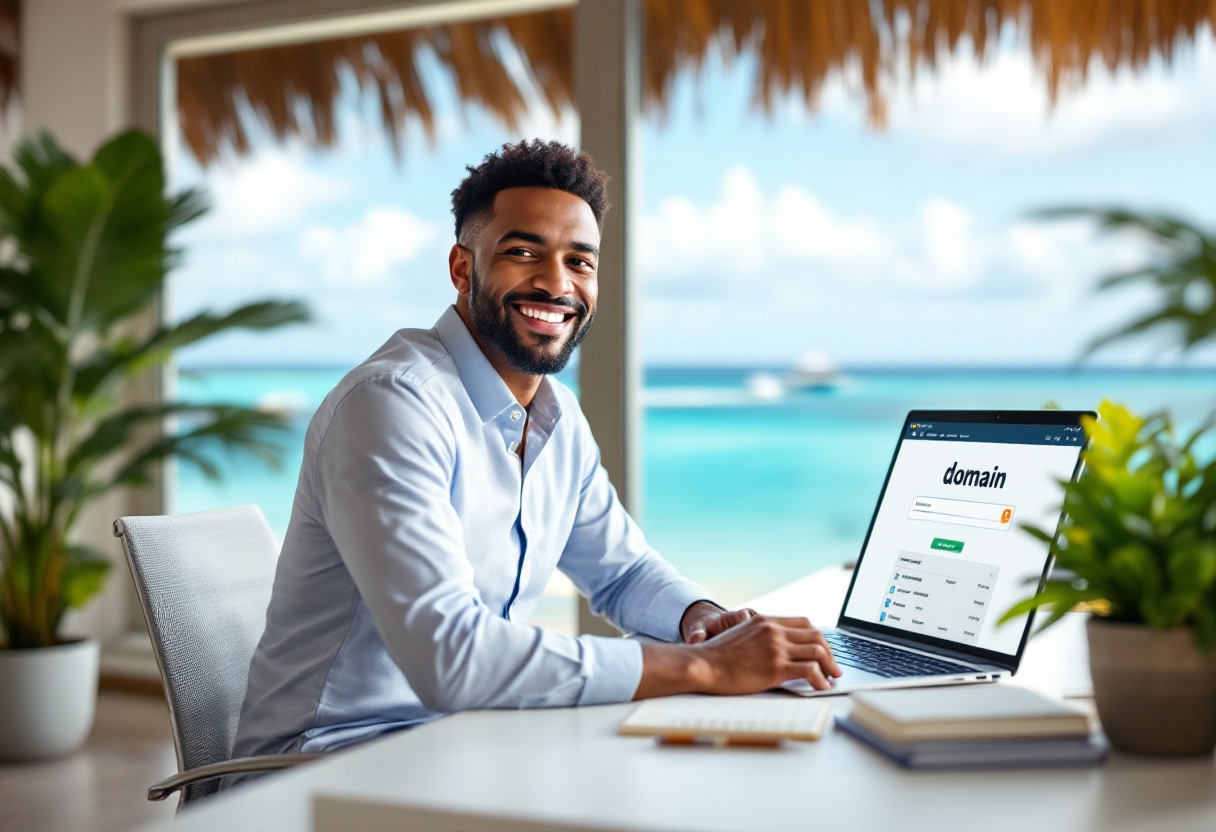 Entrepreneur guadeloupéen choisissant son nom de domaine sur ordinateur avec vue sur la mer des Caraïbes