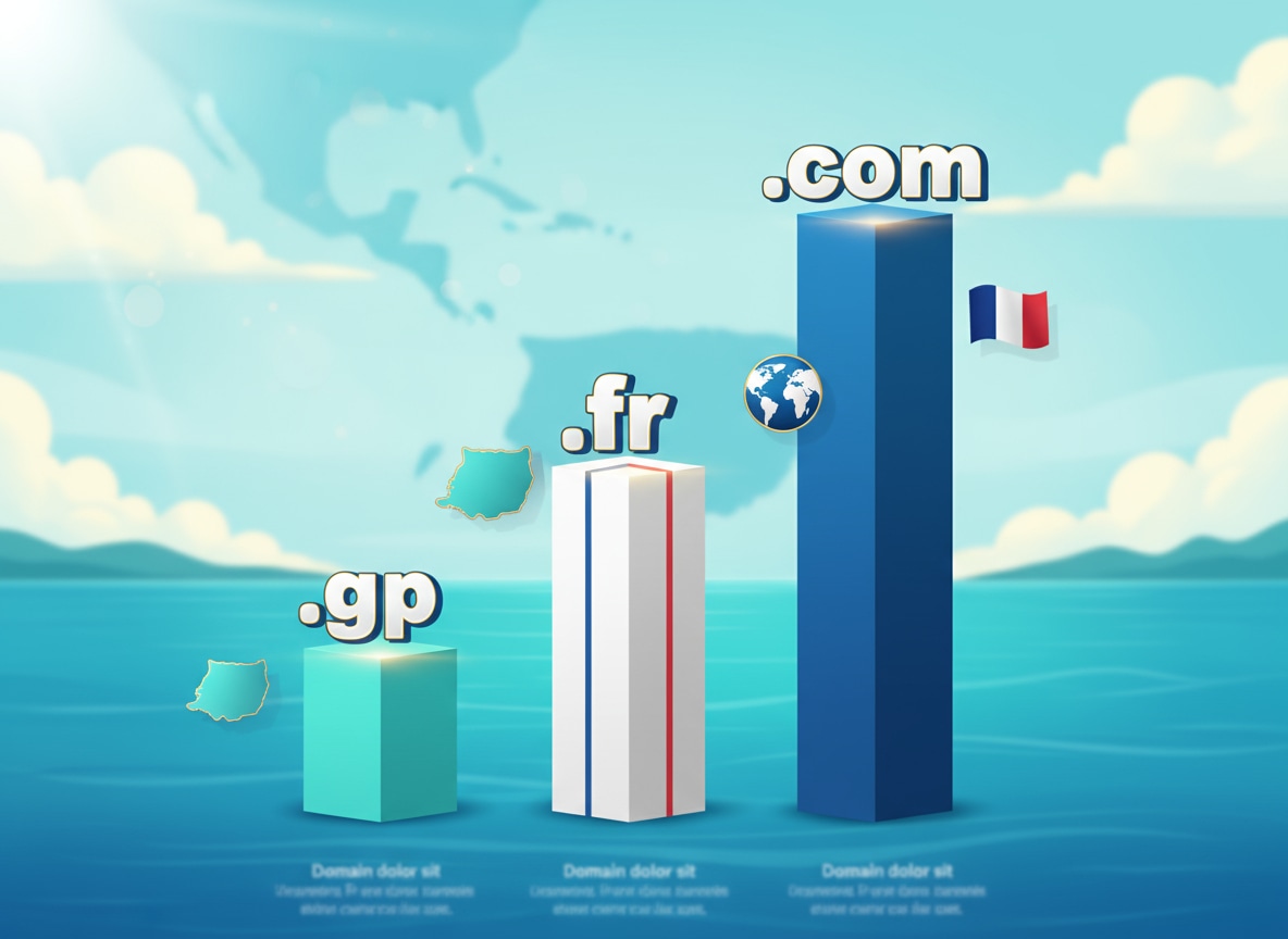 Comparaison visuelle des extensions de domaine .gp .com .fr sur fond des Antilles avec drapeaux symboliques