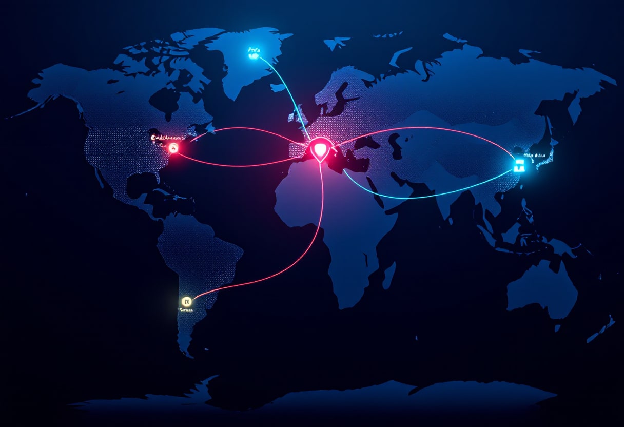 Carte du monde montrant les latences réseau entre la Guadeloupe et différents datacenters internationaux