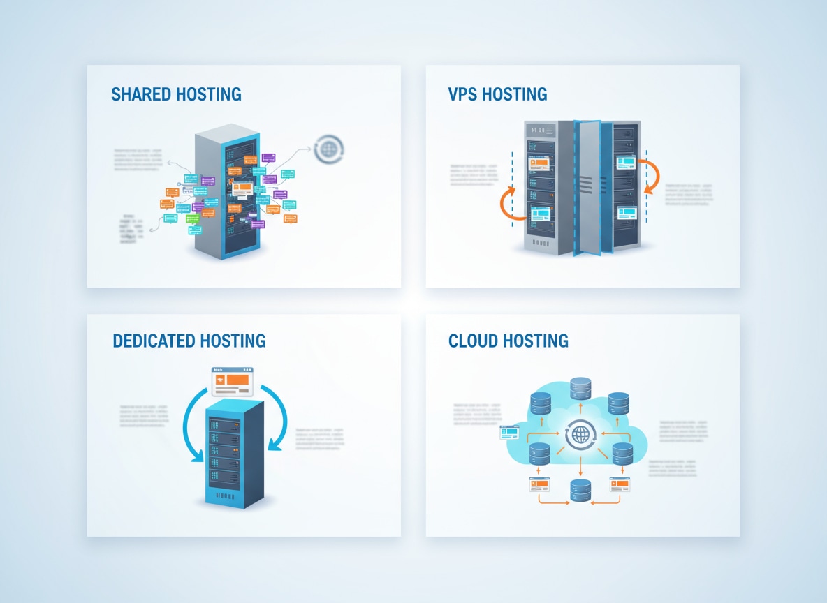 Comparaison visuelle des types d'hébergement web mutualisé VPS et dédié avec schémas techniques